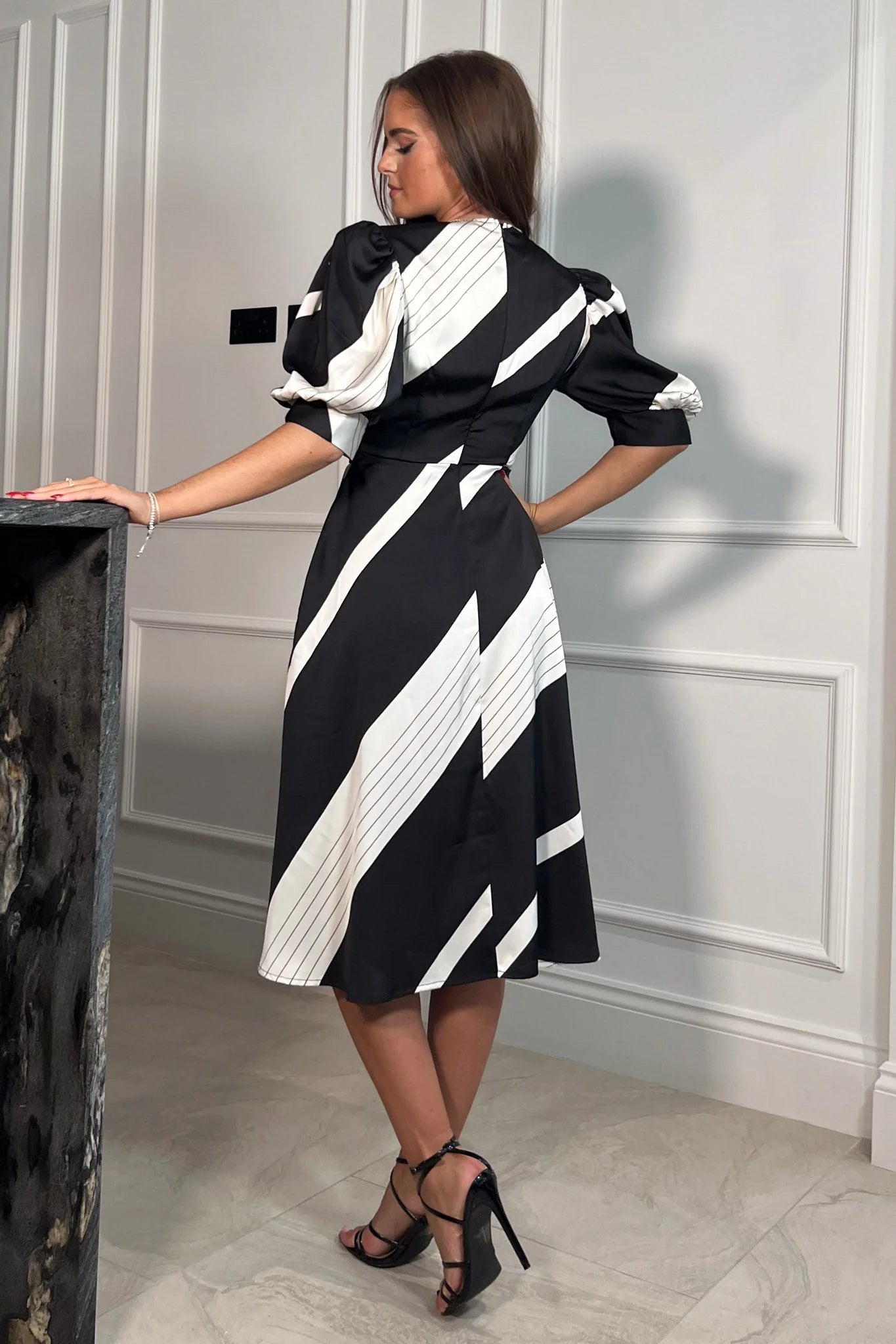 Sona Black and White Belted Wrap Style Midi Dress